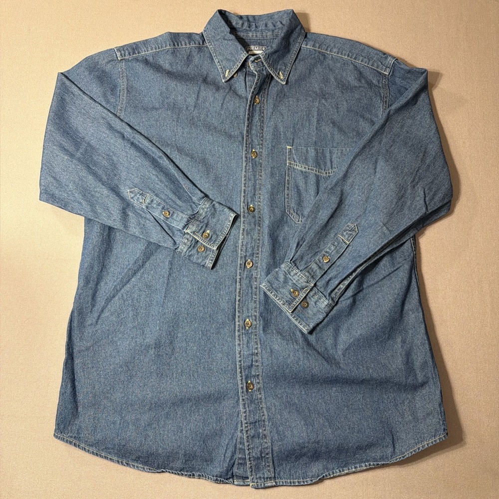 Premier international mens shirt Size Large Denim Button Up Shirt Long Sleeve